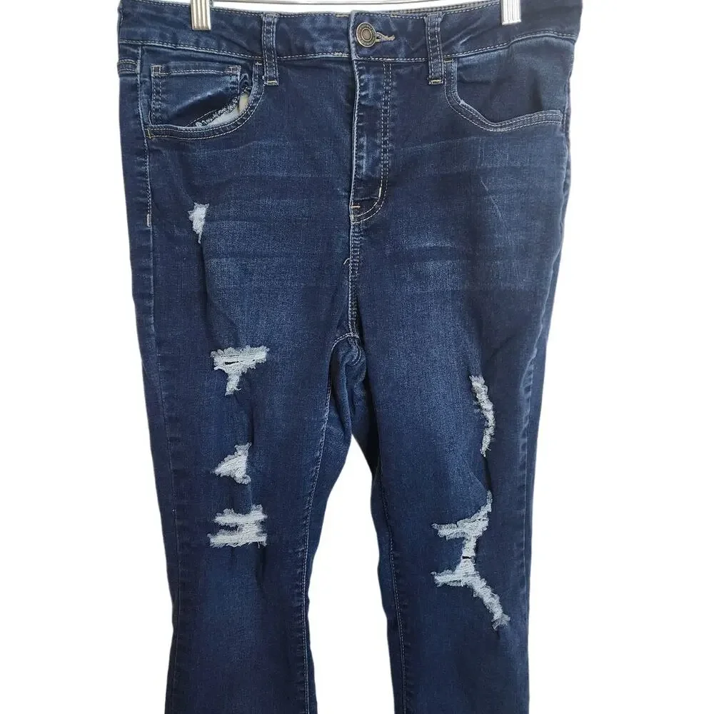 SO High Rise Skinny Distressed Dark Wash Jeans, 15/32